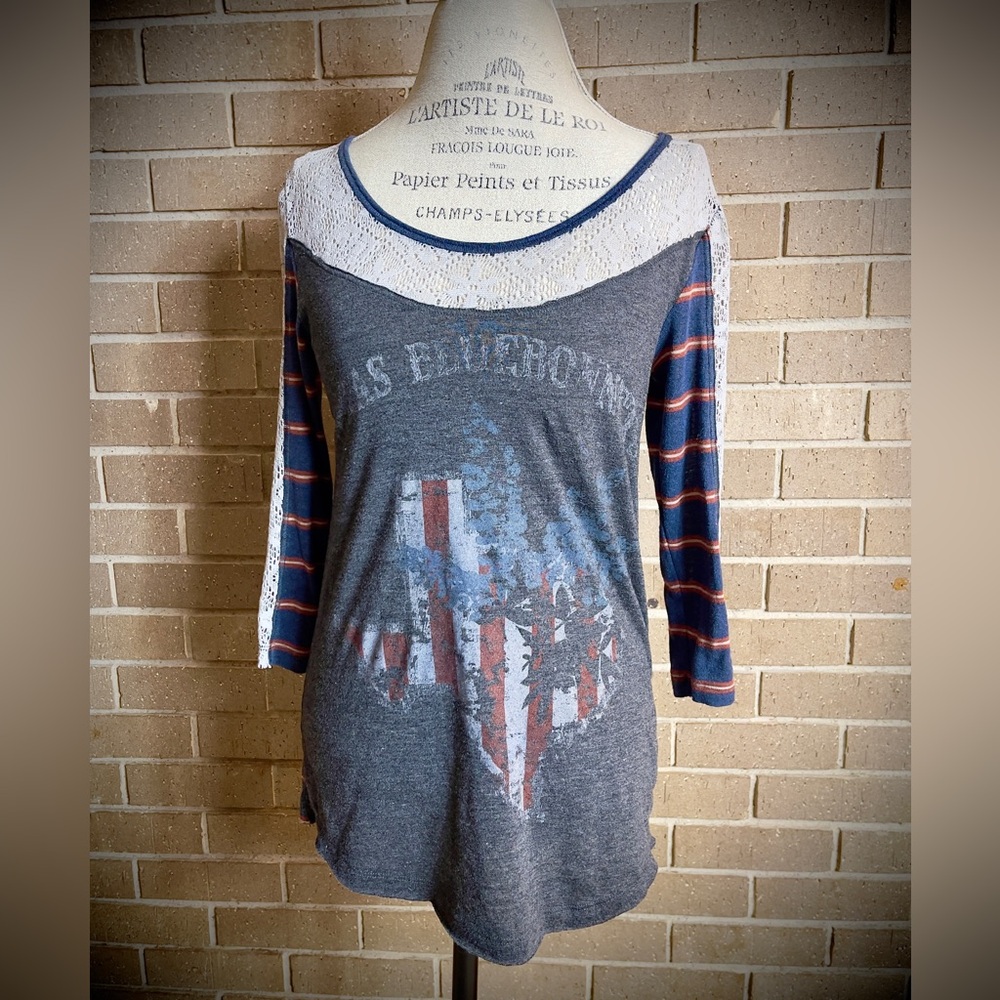 Free People Grey and White Lace Baseball Style Texas Bluebonnets tee